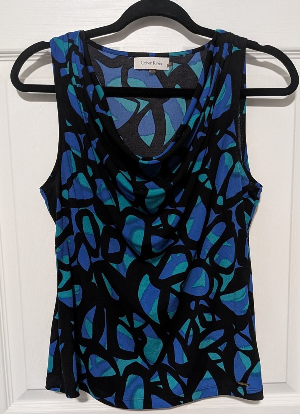 Calvin Klein Petite Med Blue Black Abstract Geometric Cowl Neck Sleeveless Top